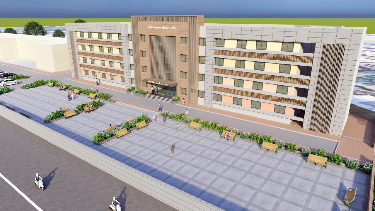 Modern college building exterior with campus infrastructure for higher education