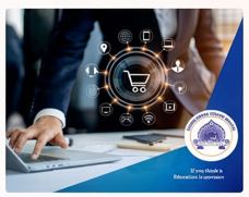 Digital commerce concept showing online shopping icons with business professional using tablet